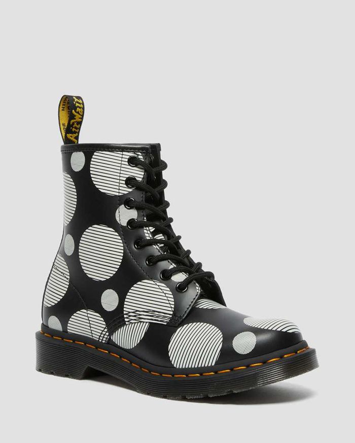 Dr Martens Womens 1460 Polka Dot Smooth Leather Lace Up Ankle Boots Black/White - 41972DGXY